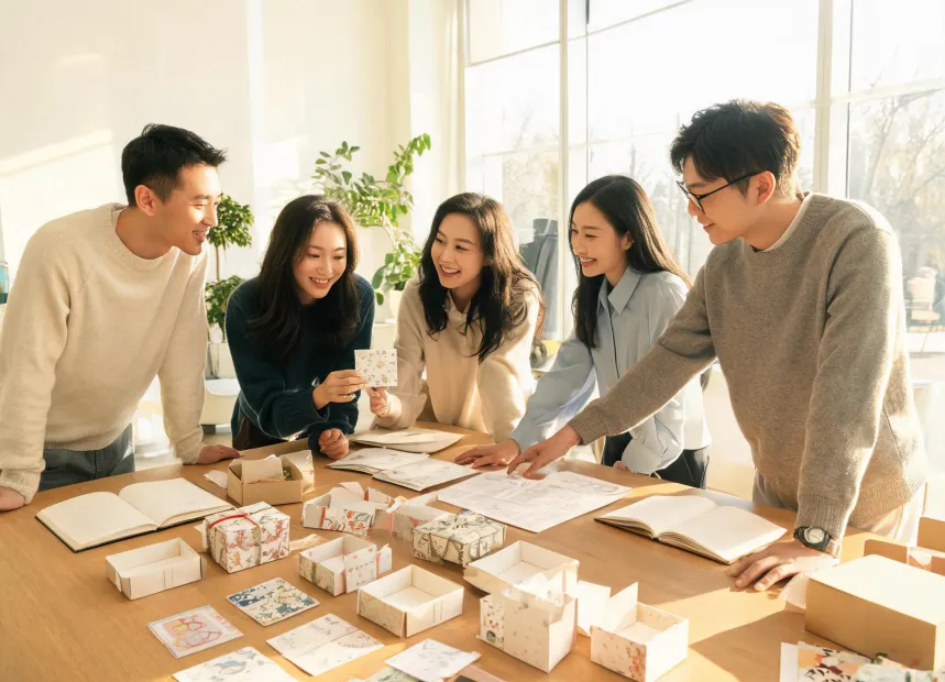 Custom Ink team reviewing personalized stationery proofs