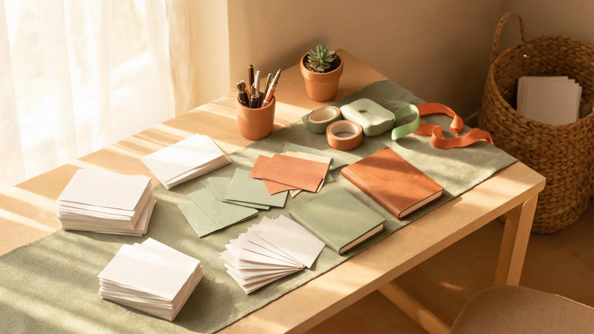Personalized stationery gifts arranged in a warm planning studio