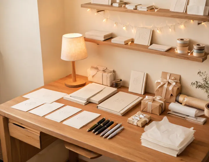 Personalized gift service desk with proofs and stationery